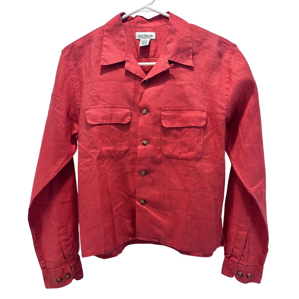 Ann Taylor Linen Cropped Button Up Women's S Collar Two Pocket L/S Coral